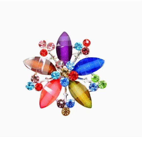 Betsey Johnson Jewelry - Betsey Johnson Brooch Multicolor Crystal Flower Pin Silver Tone